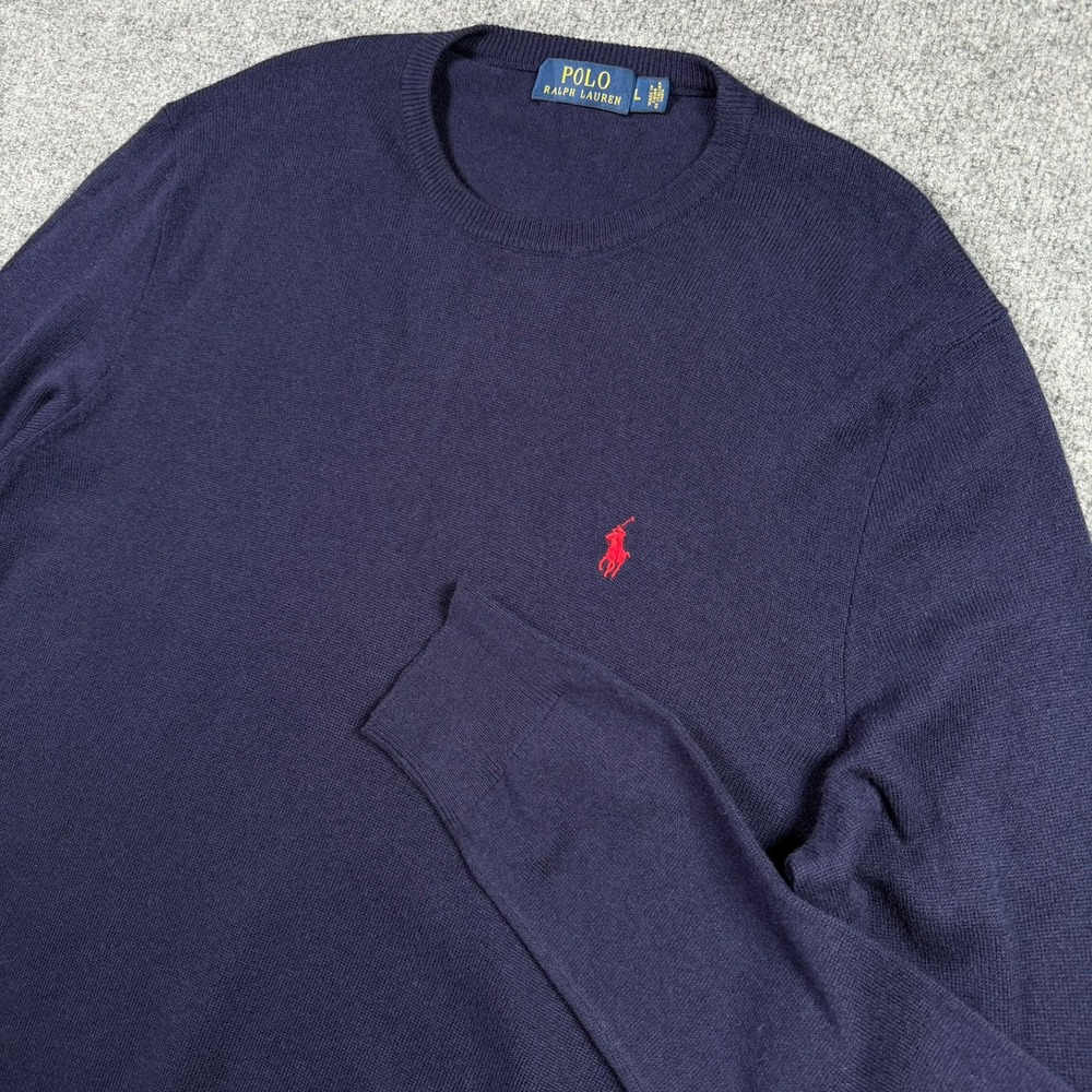 Polo Ralph Lauren Merino Wool Sweater Mens L Navy Blue Crewneck Red Pony Logo
